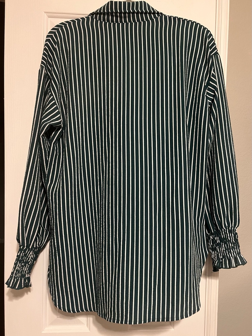 Striped Button-Up Blouse in Forest Green and White - Picture 2 of 4